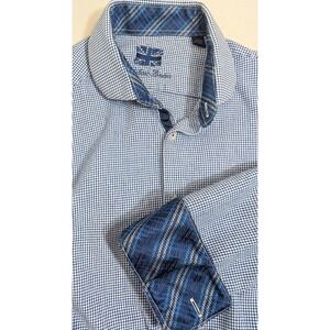 Michelsons London Long Sleeve Dress Shirt Size‎ Medium Blue Houndstooth Checked